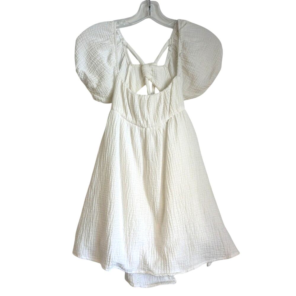 Princess Polly Puff Sleeve Mini Dress Muslin Cotton Tie Back, White, Size 2